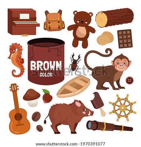 Vector set of brown color objects. Learn brown color. Illustration of primary colors.
