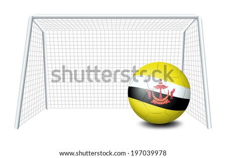 Illustration of a soccer ball near the net with the Brunei flag on a white background