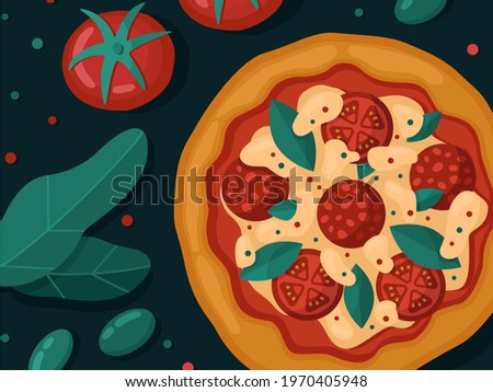 Pizza with fresh ingredients. Dark background. Vector flat illustration for design. 