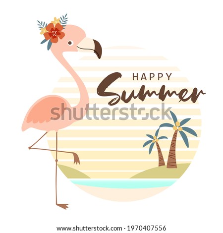 Cute pink flamingo with tropical summery background scene. Whimsical flamingo character and beach scene in cartoon style.