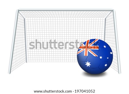 Illustration of a soccer ball near the net with the flag of Australia on a white background
