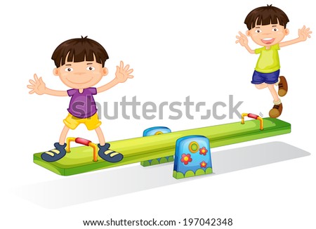 Illustration of the kids playing with the seesaw on a white background