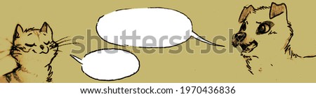 Illustration of a cute cat and a small dog talking, with big blank speech bubbles