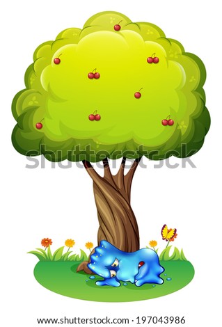 Illustration of a tired monster under the tree on a white background