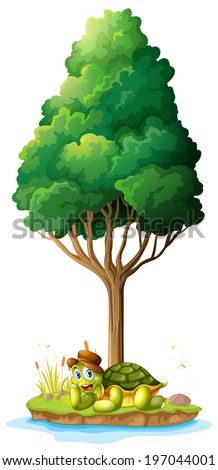 Illustration of an island with a smiling turtle under the tree on a white background