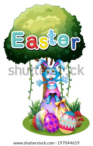 Illustration of the easter eggs and a bunny under the tree on a white background