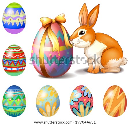 Illustration of the seven Easter eggs and a bunny on a white background