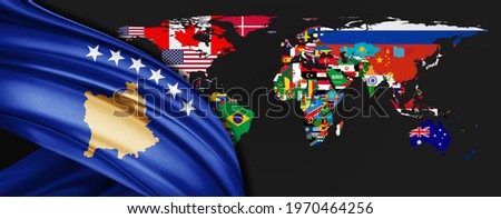 Kosovo flag of silk and world map background-3D illustration