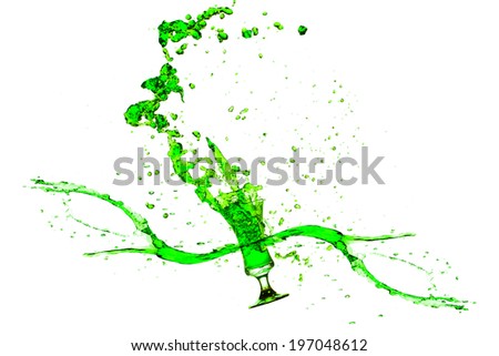 green water splash on from glass white background.