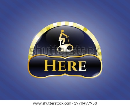 Golden badge with stationary bike icon and Here text inside