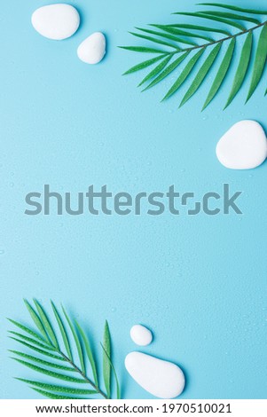 Spa background with white stones and palm leaves on blue. Flat lay,copy space