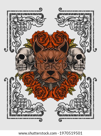 vector illustration dog head with skulls and rose flowers