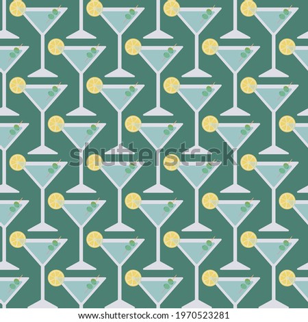 Trendy Martini Cocktails Seamless Surface Pattern. Vector Illustration of Martini Glass garnished with Olives and Lemon Slice on Green Background.