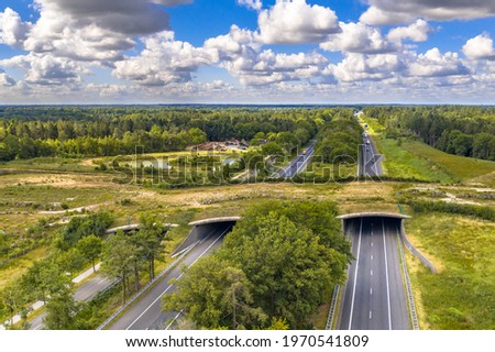 Aerial view of Ecoduct wildlife crossing at Dwingelderveld National Park, Beilen, Drenthe, The Netherlands Royalty-Free Stock Photo #1970541809