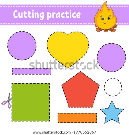 Shape Cutting practice for kids. Education developing worksheet. Activity page with pictures. Color game for children. Isolated vector illustration. Funny character. Cartoon style.