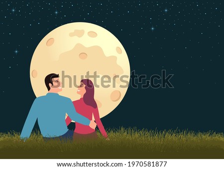 Simple flat vector illustration of couple sitting on grass during full moon