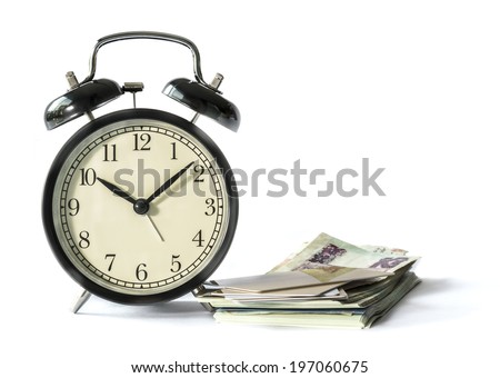 Alarm clock with banknote and credit card, isolated on white background : concepts and ideas