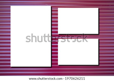 white three blank paper sheet with shadow on red pink wooden plank panel shutter desk background