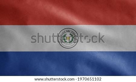Paraguayan flag waving in the wind. Close up of Paraguay banner blowing, soft and smooth silk. Cloth fabric texture ensign background. Use it for national day and country occasions concept.