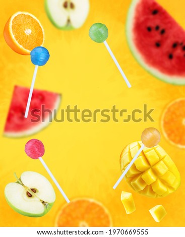  lollipop candies Yellow Background with fruits 