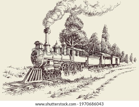 Old steam train on railways landscape hand drawing