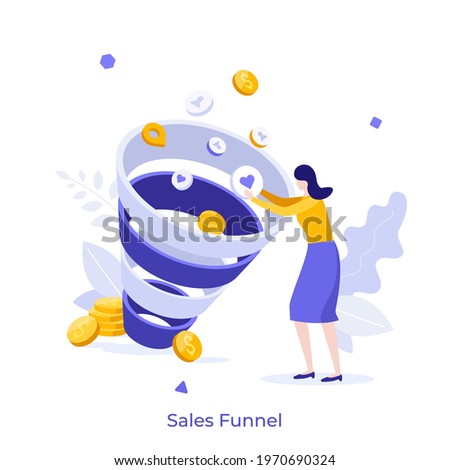 Woman putting pictograms into whirpool and dollar coins. Concept of social media sales funnel, SMM, marketing strategy to attract customers. Modern flat colorful vector illustration for banner, poster Royalty-Free Stock Photo #1970690324