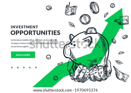 Investment and finance growth business concept. Human hands hold piggy bank with falling coins on green arrow background. Hand drawn vector sketch illustration. Poster banner design