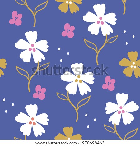 Decorative flower seamless pattern. Fabric design in hand-drawn style. Vector pattern on blue background.