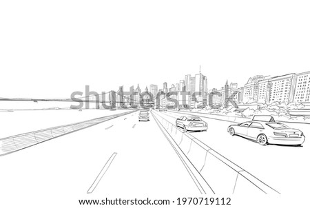 New York city sketch. View of the road with cars and bridge hand drawn industrial vector illustration. 