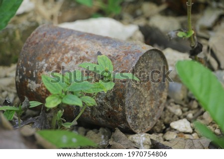 Sumenep Madura Indonesia May 2021, Rusted Milk Cans in Soil Bushes
