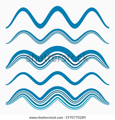 Blue wave ornaments, set of simple wavy borders, vector divider lines on white 