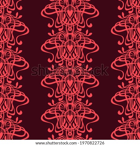 Seamless pattern. Red ornament lace braid on a dark background.