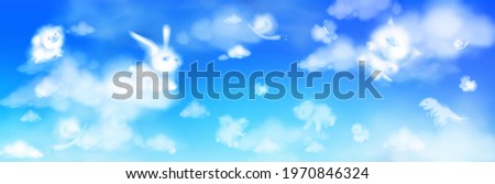 Cloud animals flying in blue sky, fluffy eddies in shape of cute rabbit, bear, elephant and pig with chick and snail or cat with dinosaur, weather and nature concept, realistic 3d vector illustration Royalty-Free Stock Photo #1970846324