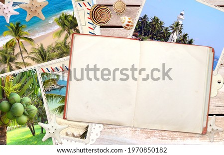 Vintage travel background with old wood planks texture, retro photos, open book, envelopes, starfish and shell. Horizontal vacation backdrop with wooden boards. Mock up template. Copy space for text