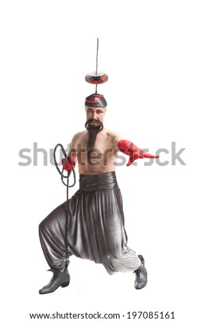 man in a costume for Halloween with a whip on white background