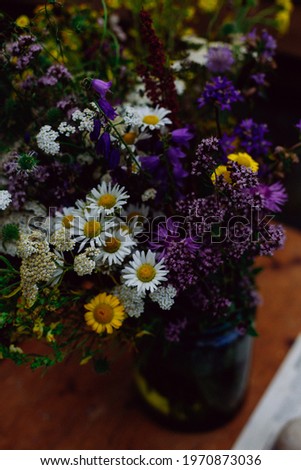 a bouquet of colorful wildflowers: bells, daisies and others