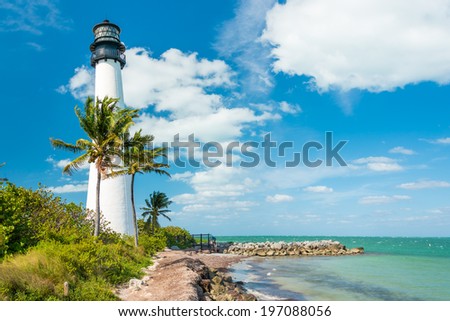 Famous lighthouse at Cape Florida in the south end of Key Biscayne , Miami Royalty-Free Stock Photo #197088056