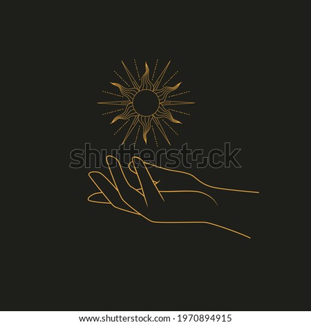 Golden shining sun in hand. Vector illustration on dark background