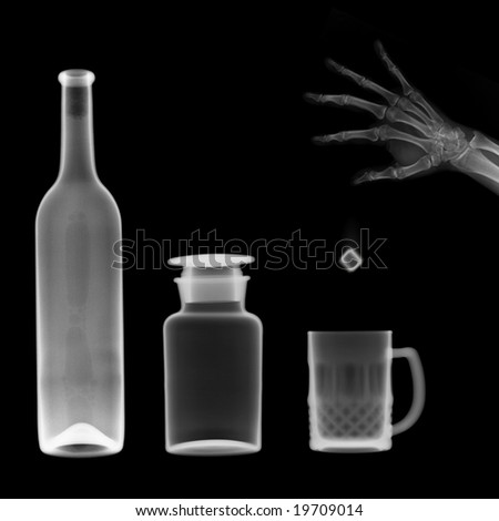 x-ray picture:bottle and mug,a hand throw a ice cube into the mug