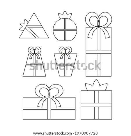 Set of cute present boxes with ribbons and bows. Isolated outline objects in the white background. Flat style illustration.