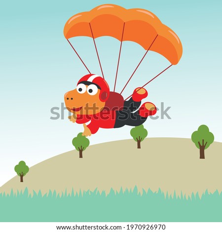 Vector cartoon illustration of skydiving with litlle dinosaur with cartoon style. Creative vector childish background for fabric textile, nursery wallpaper, poster, card, brochure. vector illustration