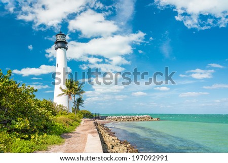 Famous lighthouse at Cape Florida in the south end of Key Biscayne , Miami Royalty-Free Stock Photo #197092991