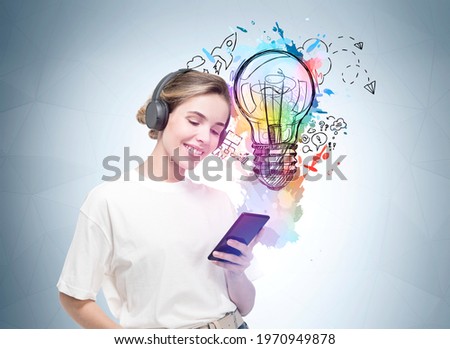 Beautiful woman typing in smartphone, listening to music and podcast. Colourful bulb sketch and doodle symbols. Illustration sketch on blue background. Concept of education and new ideas