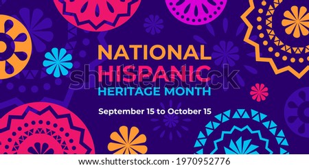 Hispanic heritage month. Vector web banner, poster, card for social media, networks. Greeting with national Hispanic heritage month text, Papel Picado pattern, perforated paper on purple background. Royalty-Free Stock Photo #1970952776