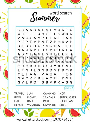Summer word search puzzle.  Educational game. Crossword suitable for social media post. Party card. Printable colorful worksheet for learning English words. Vector illustration Royalty-Free Stock Photo #1970954384