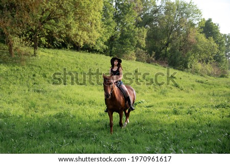 Beautiful young woman with long hair on the brown horse outdoors in the nature