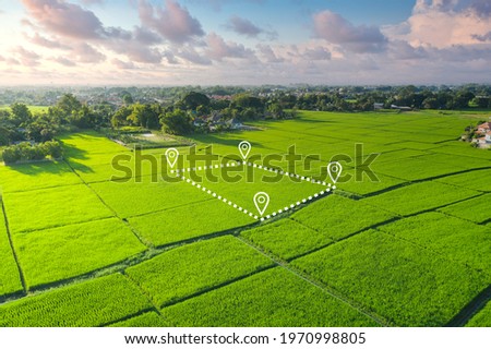Land plot in aerial view. Gps registration survey of property, real estate for map with location, area. Concept for residential construction, development. Also home or house for sale, buy, investment. Royalty-Free Stock Photo #1970998805