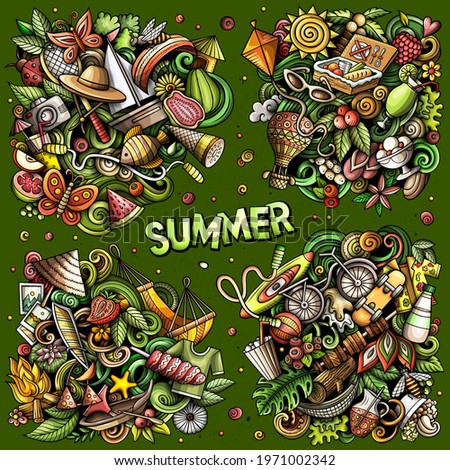 Summer cartoon vector doodle designs set. Colorful detailed compositions with lot of season objects and symbols. All items are separate