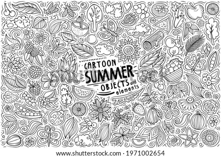 Vector hand drawn doodle cartoon set of Summer nature theme items, objects and symbols