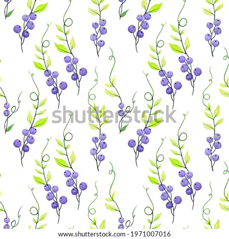 watercolor drawing by hands. seamless pattern of leaves and branches of Vicia cracca, green transparent leaves and purple berries. cute summer print in vintage style on white background